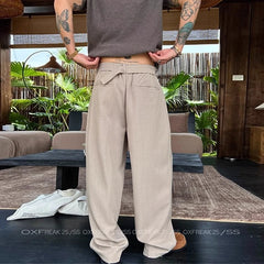 HEARUJOY - New Retro Fashion Men Suit Pants Light Luxury Draped Baggy Belt Button-down Solid Color Straight Trousers Elegant Dress Pants