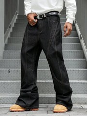 HEARUJOY - Men's Fashion Trend Casual Patchwork Distressed Flared Black Jeans, loose, comfortable, and breathable style.