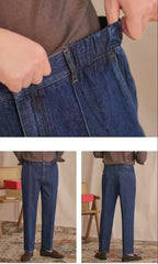 HEARUJOY - Vintage Cotton Men Jeans Suit Pants Elastic High Waisted Straight Trousers British Business Style Casual Naples Denim Pant