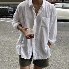 Hearujoy Mens Casual Cotton Linen See-Through Thin Long-Sleeve Shirts Genderless 2024 New Youth Simple Solid Color Comfort Shirts Unisex