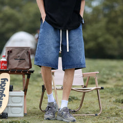Hearujoy Summer Men's Wide Leg Denim Shorts Japanese Simple and Loose Fitting Casual Knee Length Capris Fashion Baggy Versatile Shorts
