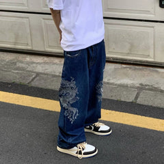 Hearujoy Gothic dragon pattern embroidery design high waist jeans men y2k street baggy jeans men high street hip hop casual jean