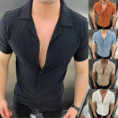 YICKYUE - Elegant Roll-Up Sleeves Men'S Button Down Shirt Mens Fashion Casual Solid Color Button Lapel Shirt Short Sleeve Ropa Hombre