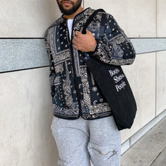 Hearujoy Mens Coat Long-Sleeved Zipper Thickened Warm Bomber Baseball Uniform Cashew Flower Print Casual Cotton Jacket Men'S Clothing