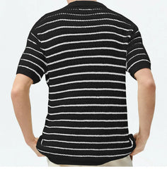 HEARUJOY - Men Luxury Hollow Knitwear Polo Shirt Short Sleeve Casual Streetwear Button Down Breathable Striped Contrast Knit Cardigan Tops