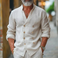 HEARUJOY - Vintage Cotton Linen Double Breasted Shirts Men Oversized Loose Long Sleeve Stand Collar Tops Spring Summer Home Casual Shirt