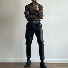 Hearujoy Mens autumn sexy see-through hollow long-sleeved lace T-shirt genderless fashion slim black breathable printed top for men