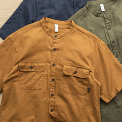 HEARUJOY - Japan Style Mens Linen Cotton Short Sleeve Shirt Harajuku Summer Stand Collar Solid Color Male Casual Breathable Classical Tops