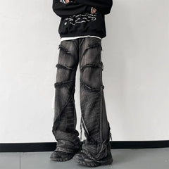 Hearujoy Striped Tassel Frayed Jeans Pants Men's Fashion Wide Leg Hip Hop Lazy Wind Jeans Couple's Vintage Loose Jeans Men Denim Trousers