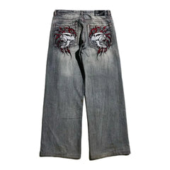Hearujoy Y2K Gothic Skull Embroidered Baggy Jeans for Men Harajuku Women High Waist Wide Leg Straight Pants Punk Grunge Trendy Streetwear