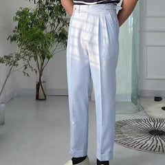 HEARUJOY - Fashion Men's Italian Style Naples Suit Pants Blue Stripes Seersucker High Waist Paris Buckle Trouser England Business Casual Pa