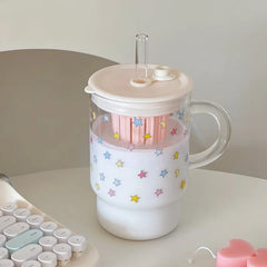 YICKYUE - High Borosilicate Glass Star Straw Cup Household Transparent Large Capacity Drinking Cup for Girls with Lid and Handle Straw Cup