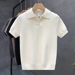 HEARUJOY - New Fashion Business Tops Men's Polo Shirt Light Luxury Leisure Knitted V Neck T-shirts for Man Korean Popular Short Sleeve Tees
