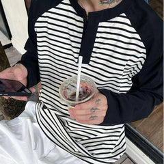 HEARUJOY - Autumn Winter Men's Plus Size 300 Jin 150kg Loose Fit Long Sleeve T Shirt Color Blocking Raglan Striped Layering Top