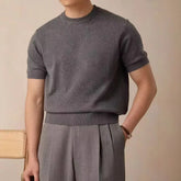 HEARUJOY - Men's Knitted T-shirt Spring Summer New Cashmere Short Sleeved Men Round Neck Solid Knit Pullover Casual Men's Clothing Tops