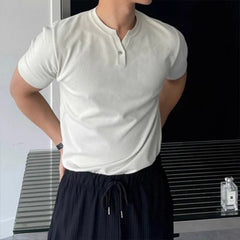HEARUJOY - New Men Luxury Henry Collar T-Shirt Leisure Slim Button-down Solid Color Short Sleeve Tops Korean Style Summer Breathable Tees