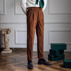 HEARUJOY - Italian Style Corduroy Naples Suit Pants Men High-waisted Adjustable Belt Straight Trousers Autumn England Business Casual Pant