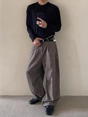HEARUJOY - Men's Casual Pants Sword Way ey And Bla Plaid Loose Wide Leg Floor Length Spring Autumn High Waist Zipper Fly Straight Tube