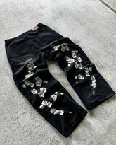 Hearujoy Black Baggy White Cherry Blossoms Print Jeans Y2k Retro Multiple Pockets Straight Wide Leg Denim Pants Men Women Rock Streetwear
