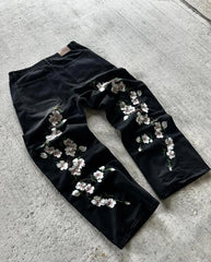 Hearujoy Black Baggy White Cherry Blossoms Print Jeans Y2k Retro Multiple Pockets Straight Wide Leg Denim Pants Men Women Rock Streetwear