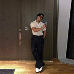 HEARUJOY - Men's Clothing Luxury Korean Popular Hollow Out Polo Shirt Leisure V Neck Short Sleeve Solid Color Retro Streetwear Knitwear