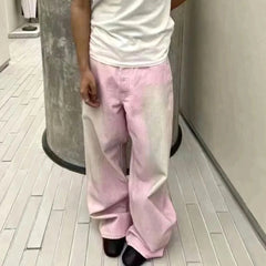 Hearujoy Streetwear Gradient Color Washed Pink Dirty Jeans for Men and Women Straight Casual Baggy Denim Trousres Oversized Loose Cargos