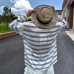 YICKYUE - American Style Striped Color-blocking Polo Shirt Men Summer Thin Ice Silk Sunscreen V-neck Long Sleeve Top Fashion Versatile Tee