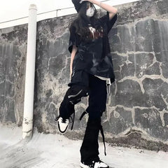HEARUJOY - High Street Black Multi Zipper Jeans Men Streetwear Baggy Wide Leg Jeans 2025 American Straight Casual Loose Denim Cargo Pants