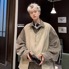 Hearujoy Spring Autumn Handsome Blouse Casual Long Sleeve Jacket Fake Two Piece Shirt for Men 2024 New Hip Hop Streetwear Striped Shirt