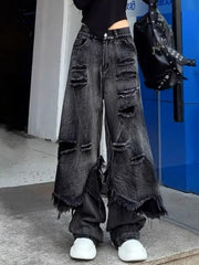 Hearujoy Y2k Baggy Jeans High Street Slouchy Hip Hop Wide Leg Jeans Men and Women Loose Ripped High Waist Floor Mopping Pants Streetwear