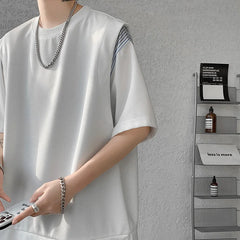 Hearujoy Fake Two Piece Striped Patchwork T-shirts Loose Mens Streetwear Casual T Shirt 2024 Summer Short Sleeves Tshirt Tee Tops