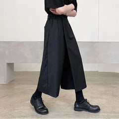 HEARUJOY - Mens Culottes Asymmetrical Double-Layer Casual Hakama Streetwear Fashion Outdoor Daily Youth Plain Wide-Leg Pants Men'S Clothing