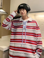 Hearujoy Polo Collar Striped Knit Sweater for Men Spring Autumn Japanese Retro Vintage Loose Fitting Couple Lazy Sweater