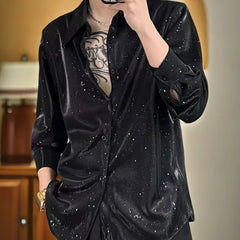 YICKYUE - Shiny Star Sequin Men Shirt Streetwear Trend Sexy Turn-down Collar Loose Long Sleeve Man Shirts Club Bar Party Fashion Tops