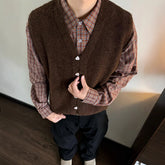 YICKYUE - Vintage Men V-neck Knitted Vest Vardigan sleeveless Tank Tops Fall 91% Mohair Sweater Waistcoat Overlapping Outer Clothing