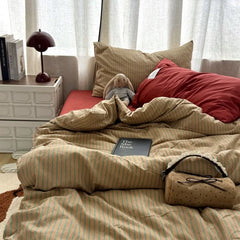 YICKYUE - 3/4pcs Bedding Set Ins Ambiance Blue Stripe Yellow Mixed Washed Cotton Minimalist Duvet Cover Sheets Pillowcase All Season Use
