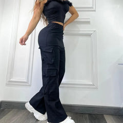 HEARUJOY - High Waisted Cargo Pants for Women Wide Leg Multi-Pocket Work Trousers Casual Loose Fit Straight Leg Elastic Waist Streetwear