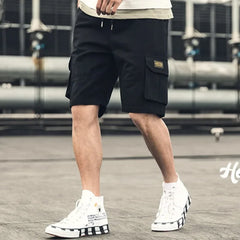 HEARUJOY - Oversize Wide Multi Pocket Loose Baggy Short Pants for Men Solid Big Size Elastic Waist Mens Cargo Shorts Hevy Whate Cotton Tall