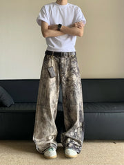 HEARUJOY - Jeans Men Floor Length Pant Denim Pants Camouflage Print Loose Casual Straight Trousers Pocket Splice Autumn Winter New