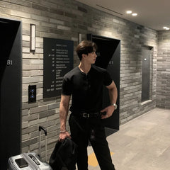 HEARUJOY - New Men Light Luxury Henry Collar T-Shirt Leisure Button-down Solid Color Short Sleeve Korean Style 2025 Summer Streetwear M-3XL