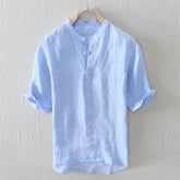 HEARUJOY - Summer 100% Linen Men's Solid Color Shirt Japanese Styles Stand-up Collar Half Sleeve Fresh Comfortable Classical Tops Shirt Man