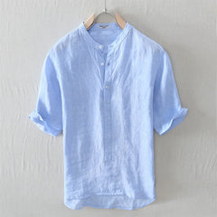 HEARUJOY - Summer 100% Linen Men's Solid Color Shirt Japanese Styles Stand-up Collar Half Sleeve Fresh Comfortable Classical Tops Shirt Man