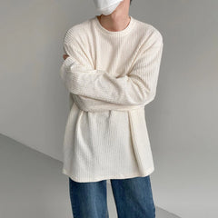 Hearujoy Mens Autumn Winter Personalized Pleated Long-Sleeve T-Shirts Genderless French Casual Loose Round Neck Solid Color Tops Unisex