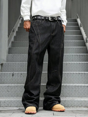 HEARUJOY - Men's Fashion Trend Casual Patchwork Distressed Flared Black Jeans, loose, comfortable, and breathable style.