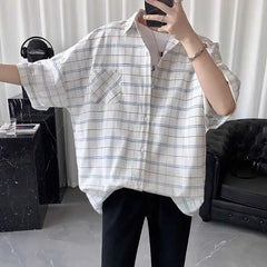 HEARUJOY - Striped Plaid Short-sleeved Shirt for Men Loose and Versatile Casual and Daily Tops
