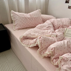 YICKYUE - Pink Polka Dot Lace Washed Cotton Bedding Set Three Piece Pure Cotton Student Duvet Cover Cotton Quilt Cover All Cotton Sheet