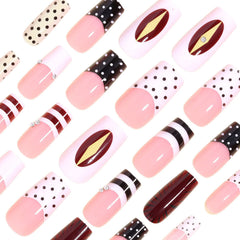YICKYUE - 24pcs Charming French False Nails Press On Nails Trendy Y2k Fake Nails Women's Polka Dot Stripe Gold Bead Manicure Nails Art