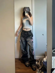Hearujoy Y2K American Vintage Mottled Totem Print Baggy Jeans Women's High Waist Wide Leg Jeans Women's Harajuku Trendy Hip-hop Jeans