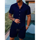 HEARUJOY - Fashion Men Two Piece Sets Cardigan Short Sleeve Lapel Shirts And Short Pant Men Stripe Outfit Summer Casual Loose Suit