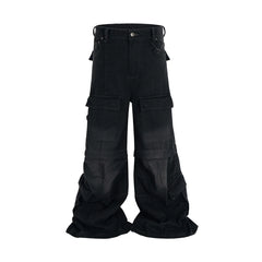 Hearujoy Vintage Washed Detachable Flared Cargos Mens Straight Casual Baggy Overalls Oversized Streetwear Boot Cut Black Color Trousers